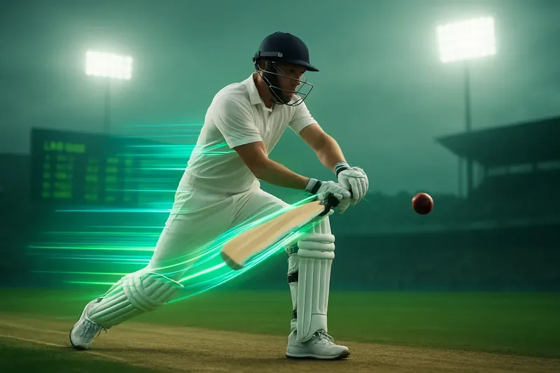 Ultra realistic cricket athlete with neon speed trail under stadium floodlights