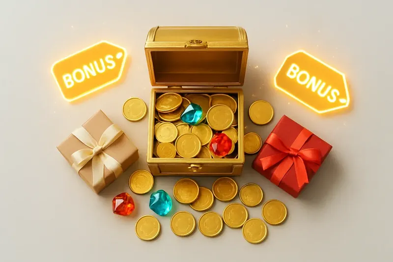 Golden treasure chest bursting with coins, gems, gift boxes, bonus tags