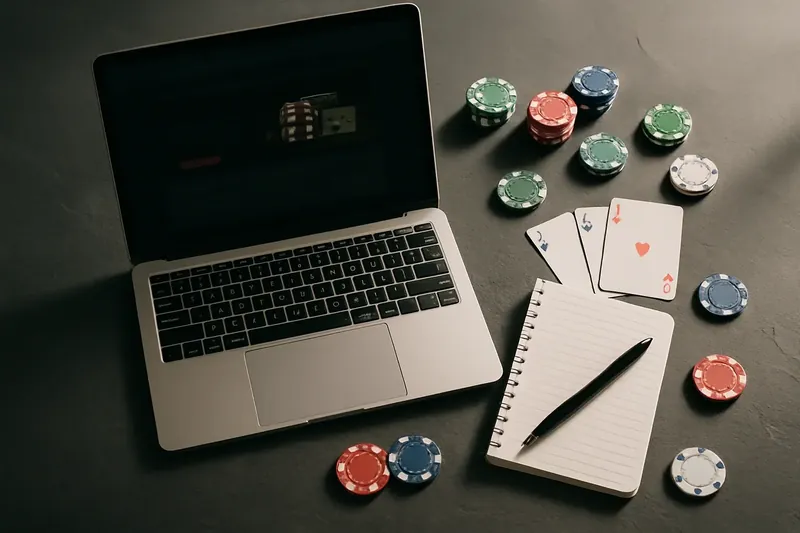 Overhead flat lay with laptop, notepad, casino chips and playing cards