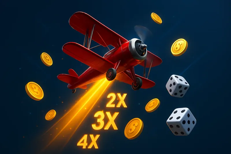 Red airplane soaring with glowing multiplier trail, coins and dice floating