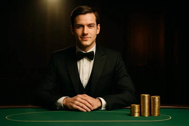 Professional dealer behind green felt table with golden chips under spotlight