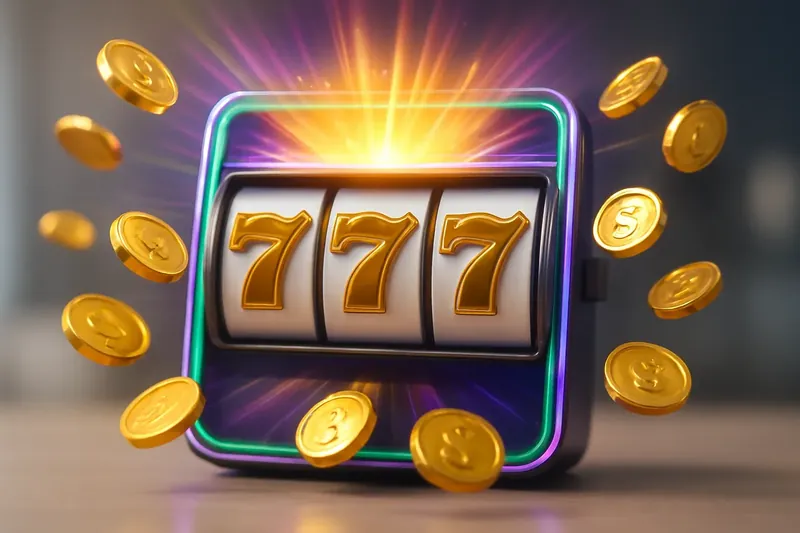 Slot machine jackpot with golden 777 symbols, coins, and neon light beams
